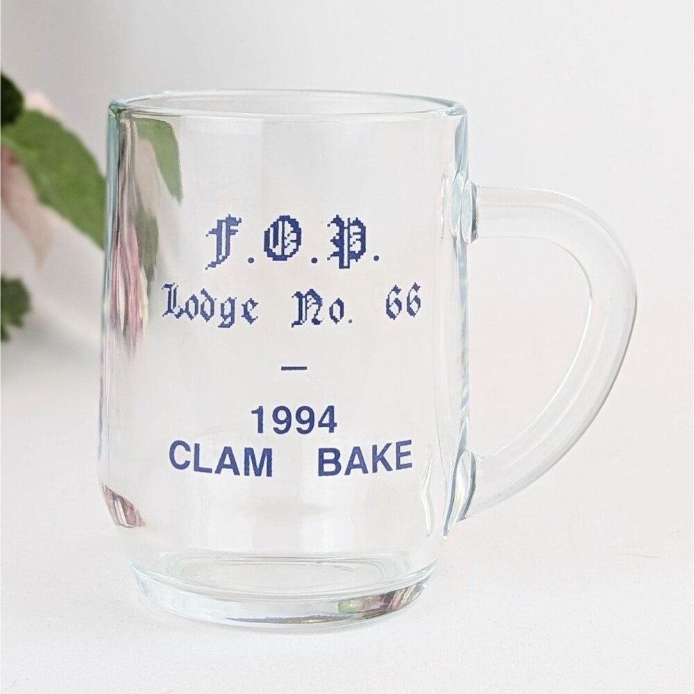Vintage 1994 Clam Bake Glass Mug FOP Lodge 66 Clear Glass Collectible Police Cop
